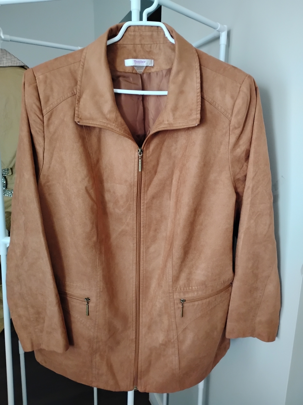 TanJay Women's Camel Tan Faux-Suede Collar 2 Pocket Front Zip Long Sleeve Jacket